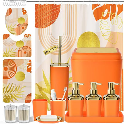 Bathroom Set - Bathroom Sets with Shower Curtain and Rugs, Bathroom Accessory Set, Orange Bathroom Accessories Set with Trash Can, Toilet Brush and Soap Dispensers