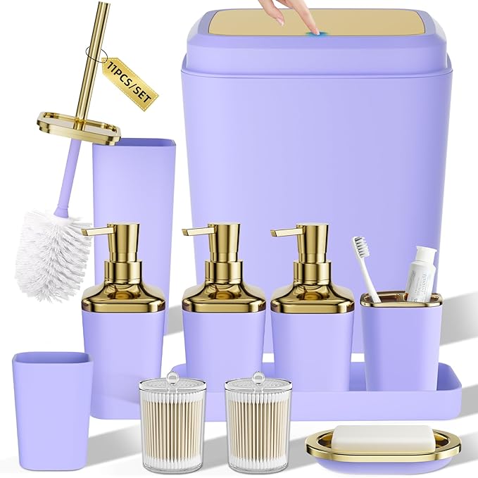 Bathroom Accessory Set, 11PC Bathroom Set, Purple Bathroom Accessories, Bathroom Accessories Set with Trash Can, 3PC Soap Dispensers and Toilet Brush