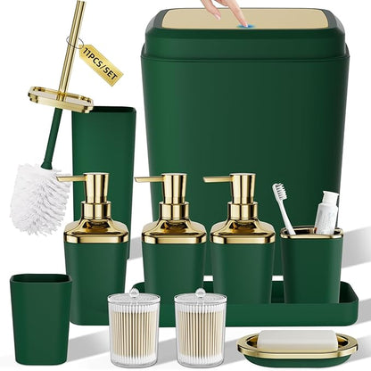 Bathroom Accessory Set, 11PC Bathroom Set, Green Bathroom Accessories, Bathroom Accessories Set with Trash Can, 3PC Soap Dispensers and Toilet Brush