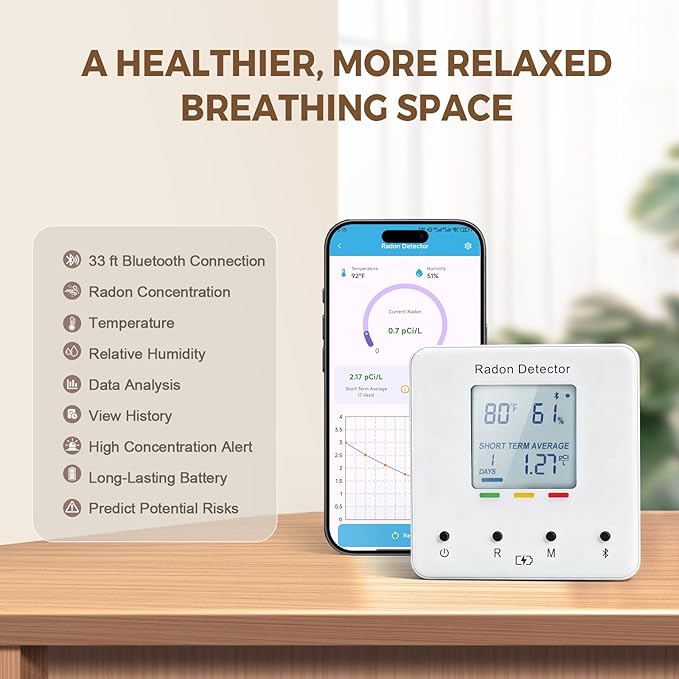 Bluetooth Radon Detector for Home, Portable Radon Tester with Real Time Gas Concentration, Temp & Humidity Monitoring, App Alerts, Detect Hidden Risks and Breathe with Confidence