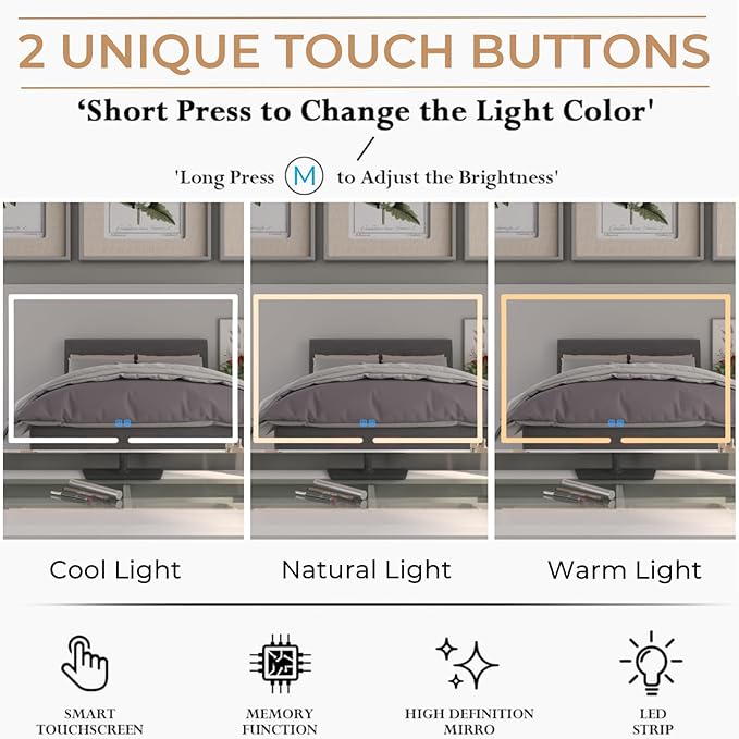 Vanity Mirror with Lights, 23.27 x 17.7 Inch LED Makeup Mirror, Lighted Makeup Mirror with Dimmable 3 Modes, Smart Touch Control, Aluminum Frame and Tempered Glass Base, Bronze