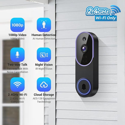1080P Smart Video Doorbell Camera with Motion Detection, Night Vision, Cloud Storage, Two-Way Talk, Battery Powered, Home or Business Security, 2.4GHz Wi-Fi(Excluding Receiver)