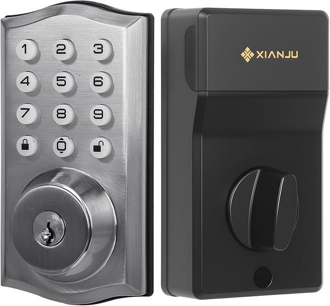 Keyless Entry Door Lock with Keypad, Auto Lock, Voice Prompt, Smart Deadbolt Lock for Front Door with Key, Satin Nickel – Easy Installation, IP55 Waterproof