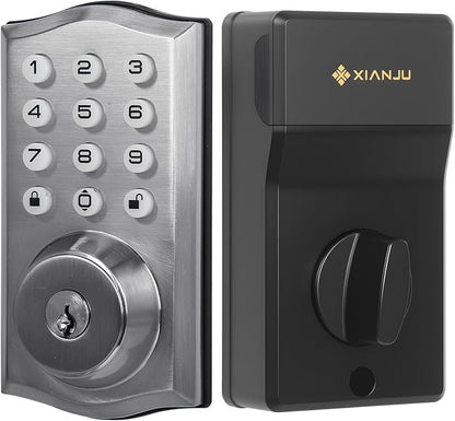Keyless Entry Door Lock with Keypad, Auto Lock, Voice Prompt, Smart Deadbolt Lock for Front Door with Key, Satin Nickel – Easy Installation, IP55 Waterproof