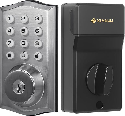 Keyless Entry Door Lock with Keypad, Auto Lock, Voice Prompt, Smart Deadbolt Lock for Front Door with Key, Satin Nickel – Easy Installation, IP55 Waterproof