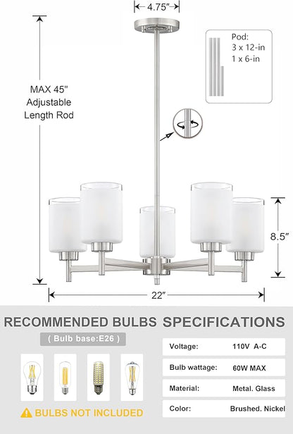 Doraimi Lighting 5 Light Chandelier Brushed Nickel Finish,Classic Style Ceiling Pendant Light Clear Frosted Glass Shade Fixture for Meeting Room Dining Room Over Table Living Room