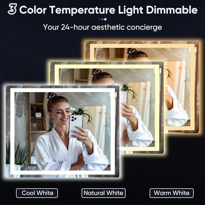 LED Bathroom Mirror, 40"x32" with Frontlit and Backlit Anti-Fog Mirror with Lights LED Vanity Mirror for Bathroom 3 Colors Temperature & Dimmable Bathroom Mirror with HD Tempered Glass
