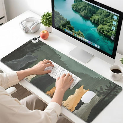 Heated Desk Pad Mouse Pad 31.5x13 Inch PU Leather Desk Mat with 3 Heat Levels Large Mouse Gaming Computer Laptop Mat Cute Wolves Back and Green Mountain