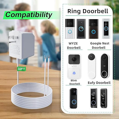 18 Volt Doorbell Transformer Power Supply for Ring Video Doorbell,Compatible with Ring,Google Nest,WYZE, Eufy,Blink Video Doorbells(𝟑𝟑𝐅𝐓 𝐄𝐱𝐭𝐞𝐧𝐬𝐢𝐨𝐧 𝐂𝐨𝐫𝐝)
