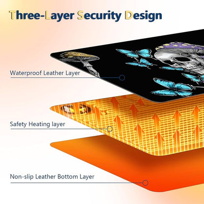 Heated Mouse Pad with 3 Temperature Settings(104°F–122°F),Large 24x14.2 Inch PU Leather Heated Desk Mat,Waterproof Warming Pad for Office,Gaming & Cold Hands Relief,Skeleton Moon Mushroom