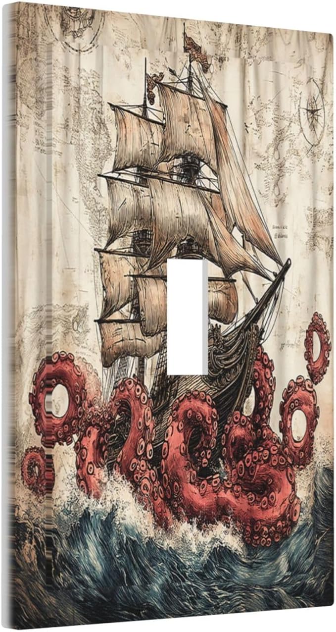 Decorative Light Switch Cover Vintage Octopus Ocean Sailboat Bizarre Adventure 1 Gang Single Toggle Decorator Outlet Wall Plate Device Electrical Faceplate Switchplates for Bathroom Kids room Decor