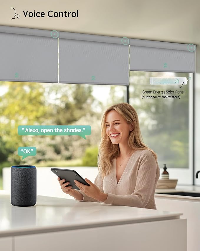 Yoolax Motorized Blinds with Remote, Waterproof Smart Blinds for Windows Blackout Automatic Shades Work with Alexa Remote Control Roller Window Shades with Valance, Custom Size (Vinyl-Light Grey)