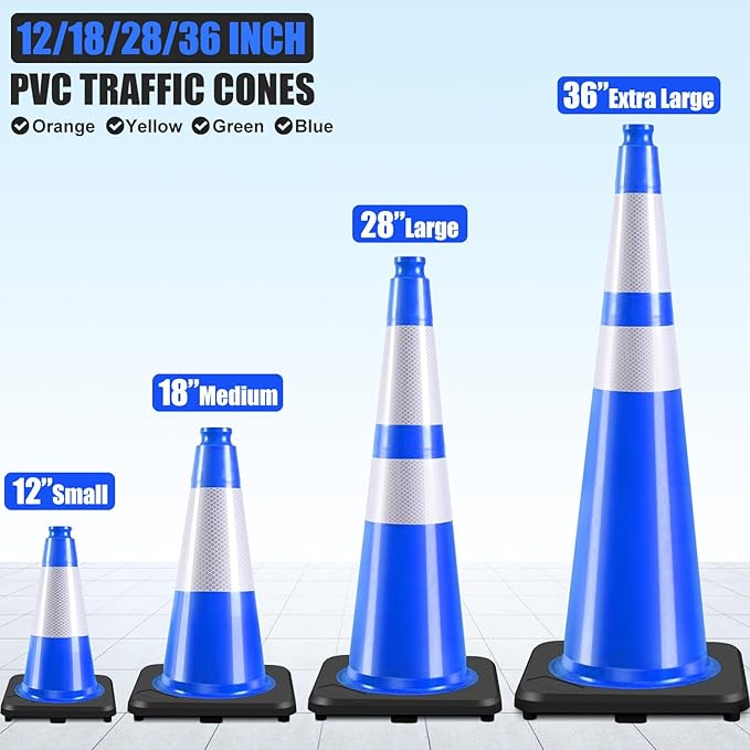 6 Pack 18" Inch Blue PVC Traffic Cones with Heavy-Duty Base, High-Visibility All-Weather Safety Cones for Road Construction, Parking Lot, and Garage Use (6, Blue, 18" Medium)