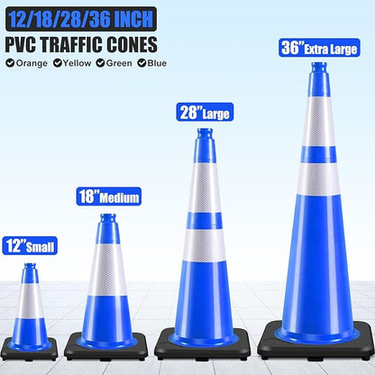 6 Pack 18" Inch Blue PVC Traffic Cones with Heavy-Duty Base, High-Visibility All-Weather Safety Cones for Road Construction, Parking Lot, and Garage Use (6, Blue, 18" Medium)
