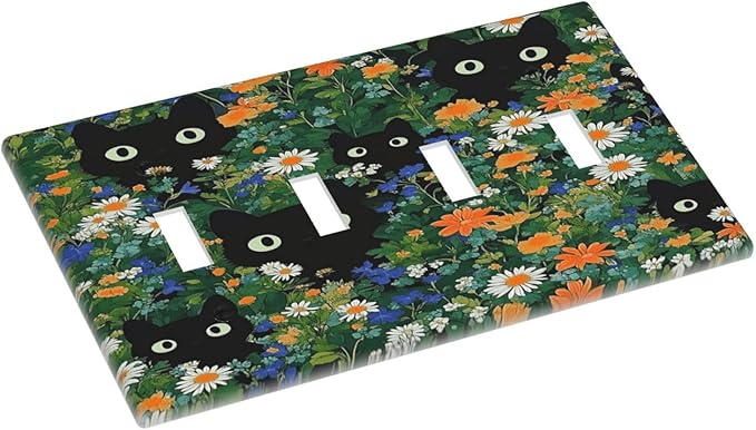 Boho Funny Black Cute Cats Daisy Wildflower Light Switch Covers Quad Toggle Electrical Faceplate 4 Gang Wall Plate Decorative Switch Plates For Kids Room Bed Room Decor