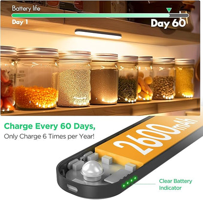 deerdance Under Cabinet Lighting, Motion Sensor Lights Indoor with Soomth Dimming, 2600mAh Rechargeable Closet Lights Wireless, Magnetic Under Counter Lights for Kitchen Hallway Stairs, 6-Pack