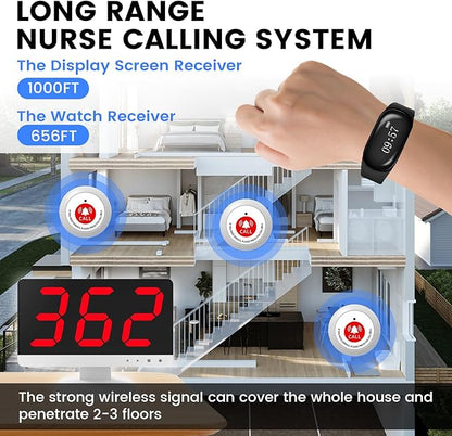 Nurse Call System with 10 Alert Emergency Call Buttons,2 Wrist Watch Receivers and 1 Display Receiver Wireless Caregiver Pager Calling System,1000ft, for Medical Clinic Nurses Station Home Hospital