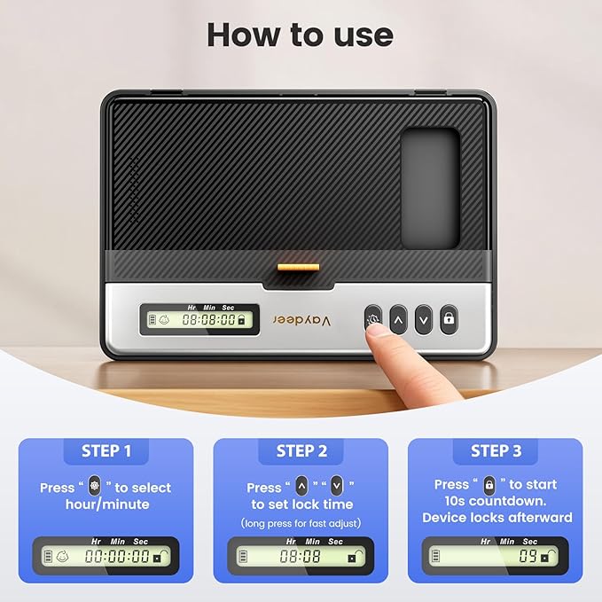 Vaydeer Timed Phone Lock Box, Rechargeable Lock Box with Timer, Locking Safe Storage for Phone, Easy to Use, Stay Focused, Build Better Habits, Live Balanced