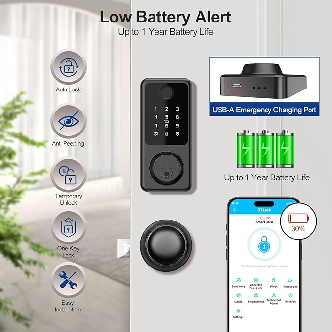 Smart Door Lock with Door Knobs, Fingerprint Door Lock with Handle, Black Smart Lock Round Handles for Home, Apartment