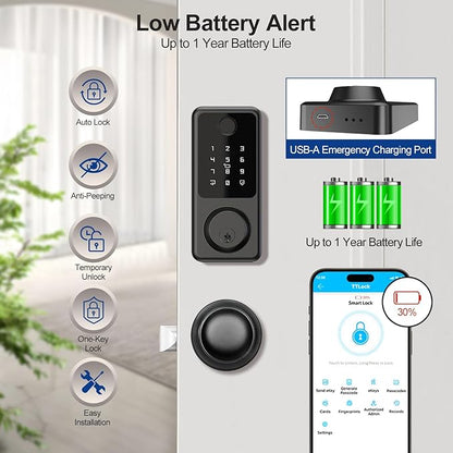 Smart Door Lock with Door Knobs, Fingerprint Door Lock with Handle, Black Smart Lock Round Handles for Home, Apartment