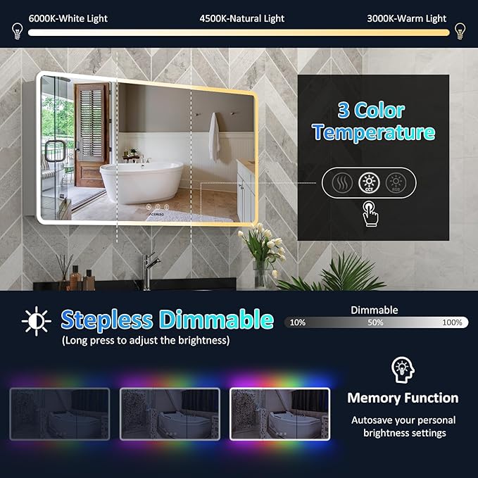 60×32 Inch Lighted Medicine Cabinet with Mirror, RGB Backlit LED Medicine Cabinet with 3-Color Front Lights, Bathroom Mirrored Cabinet with Electrical Outlet, Defogger, Three Door