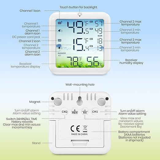 Refrigerator Thermometer with Freezer Alarm, Wireless Freezer Thermometer, Max/Min Temperature Records Fridge Monitor, 330ft Temperature Humidity Monitor with 2 Sensors, for Kitchen Home Restaurant