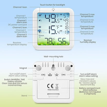 Refrigerator Thermometer with Freezer Alarm, Wireless Freezer Thermometer, Max/Min Temperature Records Fridge Monitor, 330ft Temperature Humidity Monitor with 2 Sensors, for Kitchen Home Restaurant