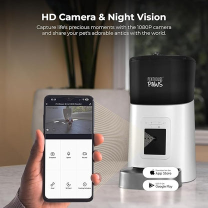 Smart HD Automatic Cat Feeder with 1080P Camera & Night Vision, 2-Way Audio, WiFi App Control, Anti-Jam 6L Cat Feeder with Backup Power, Easy to Clean, Up to 15 Meals for Cat & Dog, White Stainless
