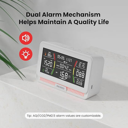 10-in-1 Air Quality Monitor with WiFi App Alerts | CO2, PM2.5, HCHO, TVOC Detector | 6.1" HD Display & 2Y Data Storage | Wall/Desk Mount for Home, Office, School (White)