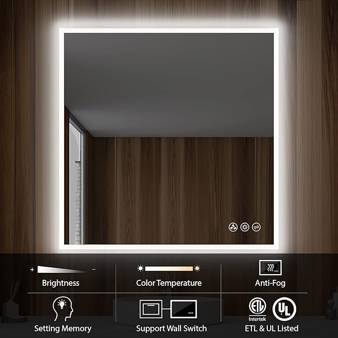Blossom 36x36 LED Mirror for Bathroom | Backlit LED Vanity Mirror with Anti-Fog, Stepless Dimmable, 3 Color Temperature | Lighted Mirrors for Bathroom Wall | Smart Vanity Makeup Mirror with Lights
