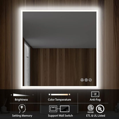 Blossom 36x36 LED Mirror for Bathroom | Backlit LED Vanity Mirror with Anti-Fog, Stepless Dimmable, 3 Color Temperature | Lighted Mirrors for Bathroom Wall | Smart Vanity Makeup Mirror with Lights