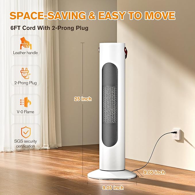 Electric Space Heaters For Indoor Use, 25" 2-IN-1 Tower Heater And Fan Combo, 70°Oscillating, 2S Instant Heating, 1500W, 3 Heating & Fan Modes,Electric Portable Heater For BedroomOfficeHome, Off White