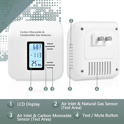 Carbon Monoxide Detectors Plug in, 4-in-1 CO & Natural Gas Detector with Fast Response Sensor, Ultra-Thin Foldable Plug, Temperature & Humidity Display for Home, Apartment & RV Safety