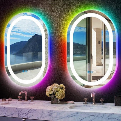 THEKLA 20 x 32 Inch Oval LED Vanity Mirror with Lights Smart Dimmable 3 Color+ Rainbow RGB Color Changing Backlit 32" Oval Lighted Mirror for Bathroom Wall Horizontal/Vertical Mount Anti-Fog