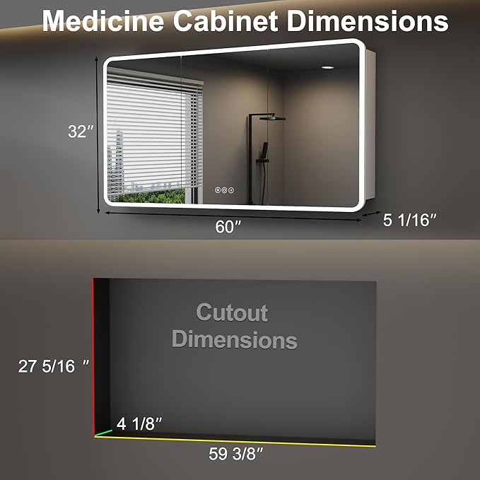 Medicine Cabinet with LED Lights and Mirror, 60 x 32 Inch Surface or Recessed Mounted Bathroom Cabinets with Door, Defogger, Memory Function, 3-Color Mode, Outlet&USB, Dimmer, Storage