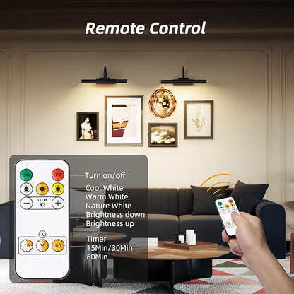 13.8inch Battery Operated Wireless Picture Light，Remote Control Painting Display Lights, Rechargeable Wall Lights with Three Modes and Power Display for Art Frame (13.8in Black-2set)
