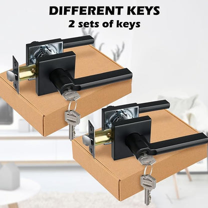 Keyed Entry Door Lever with Lock, Heavy Duty Square Interior Handle for Front Door and Office, Matte Black, Reversible for Right&Left Handed, 2Packs