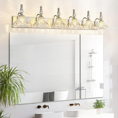 Vintage Bathroom Vanity Light, 6-Light Brushed Nickel Vanity Lighting Fixture with Flower Glass Shade, Bathroom Lighting Fixtures Over Mirror