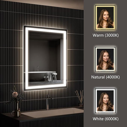 APRILSOUL 24x30 Inch LED Bathroom Mirror with Front and Backlit, Makeup Mirror with 3 Color Lights, Memory Function, Anti-Fog and Dimmable Light (Horizontal)