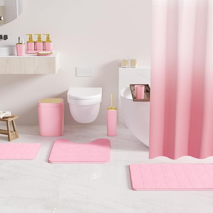 Bathroom Sets with Shower Curtain and Rugs, 27PC Bathroom Accessory Set, Pink Bathroom Set, Pink Bathroom Accessories Set with Trash Can, Toilet Brush and Soap Dispensers
