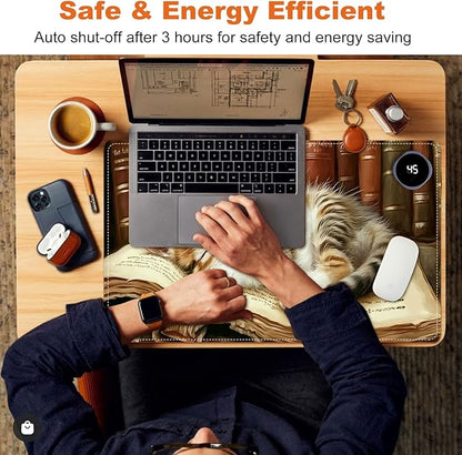 Small Heated Desk Pad 23.6" x 14.2" – Compact Electric Mouse Pad with 3 Heating Levels, Auto Shut-Off, Waterproof PU Surface, Plug-in Warmer for Office or Home Use, Kitten on Book