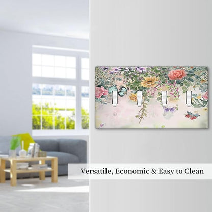 Light Switch Cover Plate Rustic Floral Watercolor Flower Blossom Butterfly Quad Toggle Wall Plates Decorative Switch Plates 4 Gang Outlet Covers Electrical Panel Cover Faceplate for Home 4.5 X 8 IN