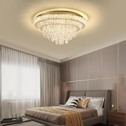 24 inch Flush Mount Crystal Chandelierse with Remote and APP Gold, Modern Elegant LED Crystal Raindrop Ceiling Light Fixtur, 3CCT Dimmable, for Living Room Kitchen Island Bedroom Entryway Foyer