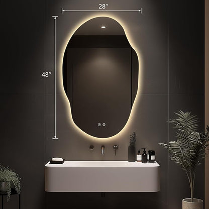 Asymmetrical LED Bathroom Mirror with Lights,Irregular Led Bathroom Vanity Mirror for Wall with Backlit, Anti Fog, 3 Colors and Dimmable Light,[Horizontal/Vertical] 48" H x 30" W