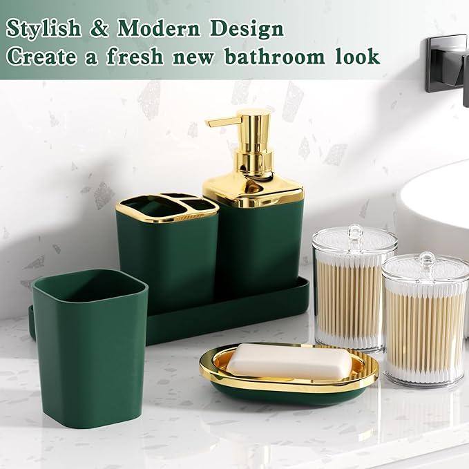 Green Bathroom Set, Bathroom Sets with Stripe Shower Curtain, Green and Gold Bathroom Accessories with Trash Can, Soap Dispenser, Soap Dish, Toilet Brush Holder, Qtip Holders for Bathroom
