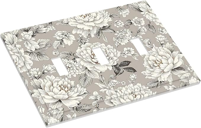 White Poppies Floral Modern Grey Peonies Flowers Decorative Switch Plates 3 Gang Wall Plate Triple Toggle Light Switch Cover Electrical Wall Panels Faceplate for Bedroom Bathroom Decor
