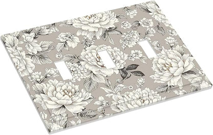 White Poppies Floral Modern Grey Peonies Flowers Decorative Switch Plates 3 Gang Wall Plate Triple Toggle Light Switch Cover Electrical Wall Panels Faceplate for Bedroom Bathroom Decor