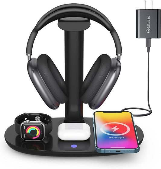 Headphone Stand with 15w Wireless Charger, Suguder 4 in 1 Charging Station Headset Holder for AirPods Max/Pro/4/3/2 iWatch 10/9/8/7/6/5/4/3/2/1/SE iPhone 17/16/15/14/13/12/11/X for Desktop Table Game