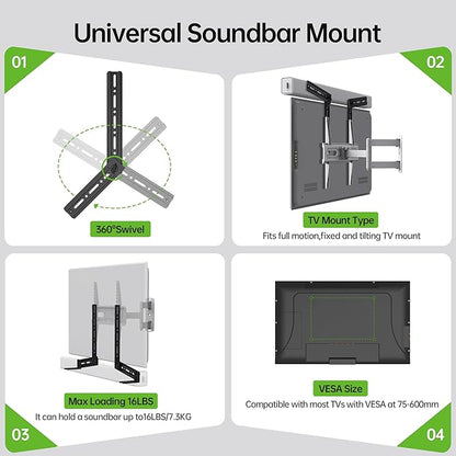 USX MOUNT Soundbar Mount, Sound Bar Mount for Mounting Above or Under TV, Fits Most of Sound Bars Up to 16 Lbs, with Detachable Extension Plates