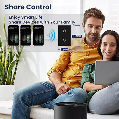 WiFi Smart Light Switch 118X72X34MM Need Neutral Wire,2.4GHz Wi-Fi Touch Switch,Work with Smart Life/Tuya App, Compatible with Alexa and Google Home, Black 2 Gang